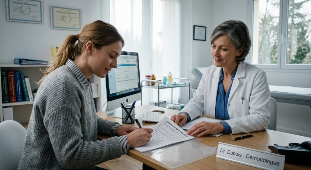 Une jeune femme en consultation chez son médecin dermatologue pour remplir sa demande d'entente préalable.