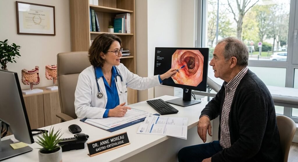 Côlon irritable et MDPH : peut-on faire une demande ? 3 Un médecin spécialiste expliquant les résultats d'un examen intestinal à son patient en cabinet.