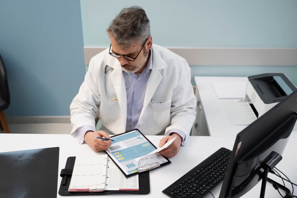 Un médecin expert analysant un dossier médical pour évaluer le taux d'incapacité permanente partielle.