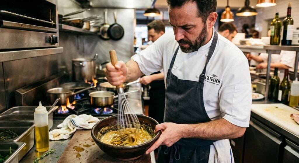 Peut-on manger une crème tranchée ? Réponse et solutions pour la rattraper 3 Un cuisinier utilisant un fouet énergiquement pour rattraper la texture d'une sauce ratée.