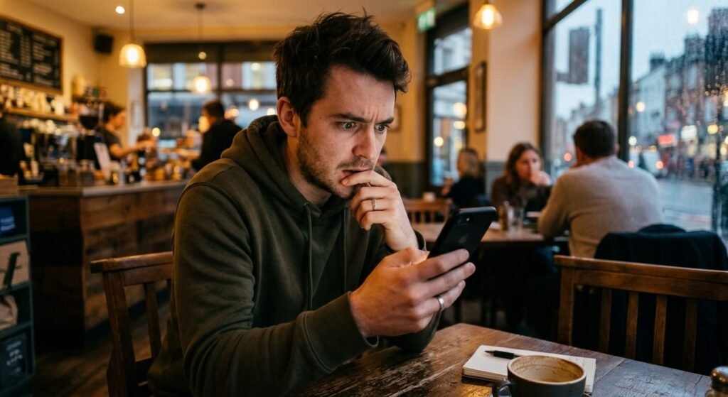 Un homme anxieux fixant son téléphone portable dans l'attente d'un message.