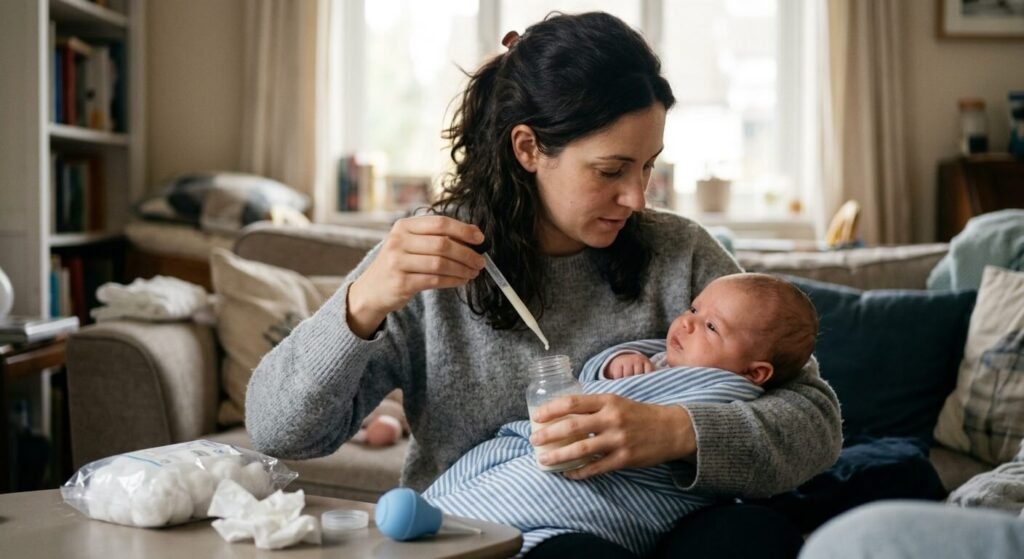 Lavage de nez au lait maternel : le remède naturel magique pour bébé 2 Une maman préparant une pipette de lait maternel frais pour nettoyer le nez encombré de son nourrisson.