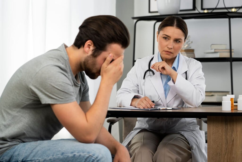 Hypersignaux FLAIR à l'IRM et vertiges : comprendre vos résultats d'examen 3 Une personne ressentant une sensation de vertige et de perte d'équilibre, consultant un médecin.