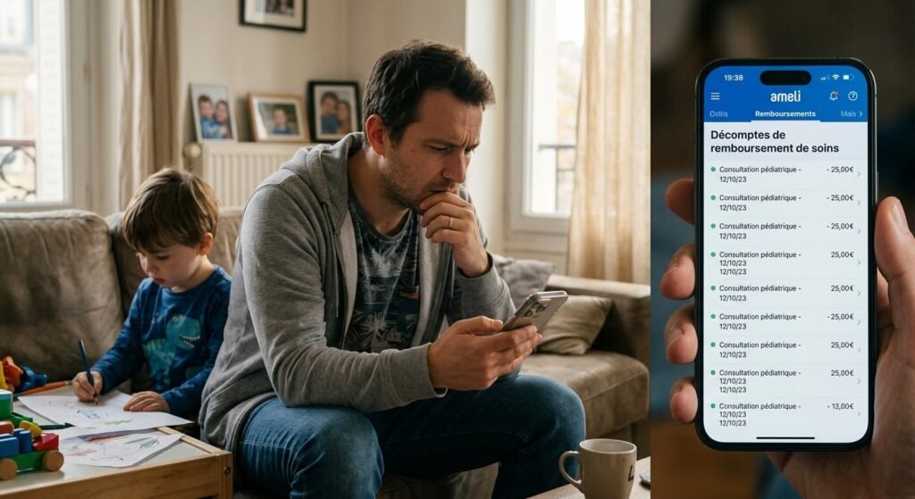 Un parent séparé consultant ses décomptes de remboursement de soins sur son téléphone portable.