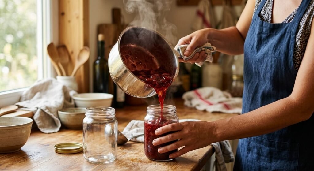 Une personne versant de la confiture de fraises brûlante dans un bocal en verre propre.