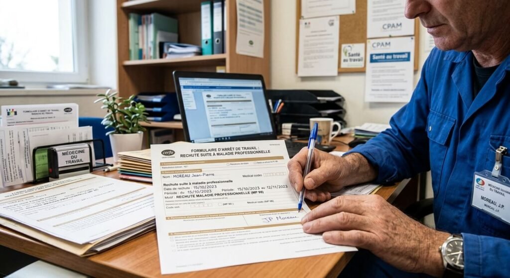 Des mains signant un formulaire d'arrêt de travail pour rechute suite à une maladie professionnelle.