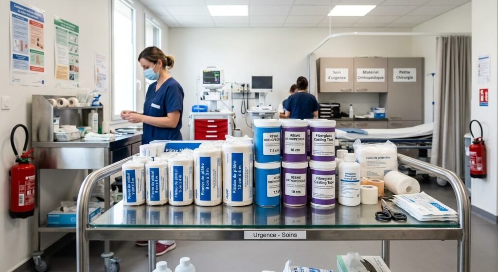 Matériel de soins d'urgence incluant des bandes de plâtre et de la résine dans une maison de santé.