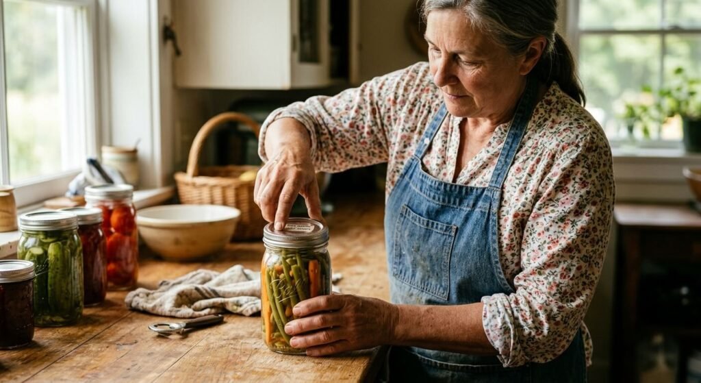 Une personne vérifiant l'étanchéité et le couvercle d'une conserve de légumes avant ouverture.