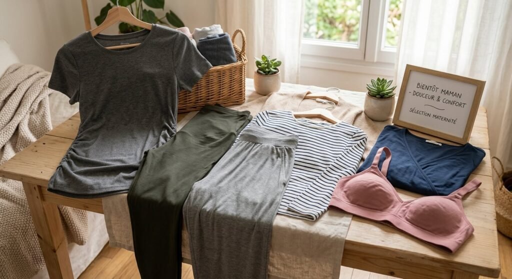 Une sélection de vêtements souples et élastiques adaptés pour le début de la maternité.