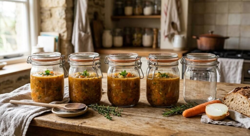 Peut-on congeler de la soupe dans des bouteilles en plastique ? 3 Des récipients en verre hermétiques contenant du potage fait maison.