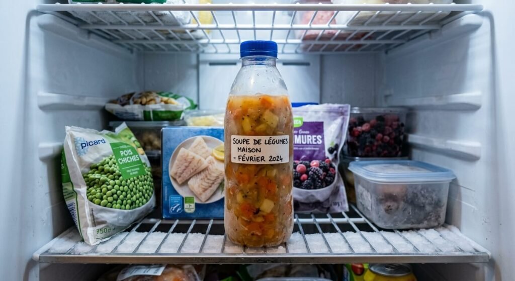 Peut-on congeler de la soupe dans des bouteilles en plastique ? 2 Une bouteille en plastique remplie de soupe de légumes rangée dans un congélateur.