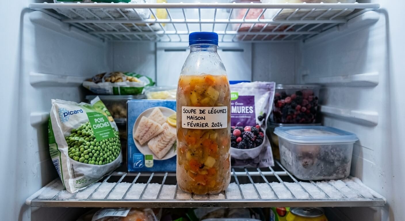 Une bouteille en plastique remplie de soupe de légumes rangée dans un congélateur.