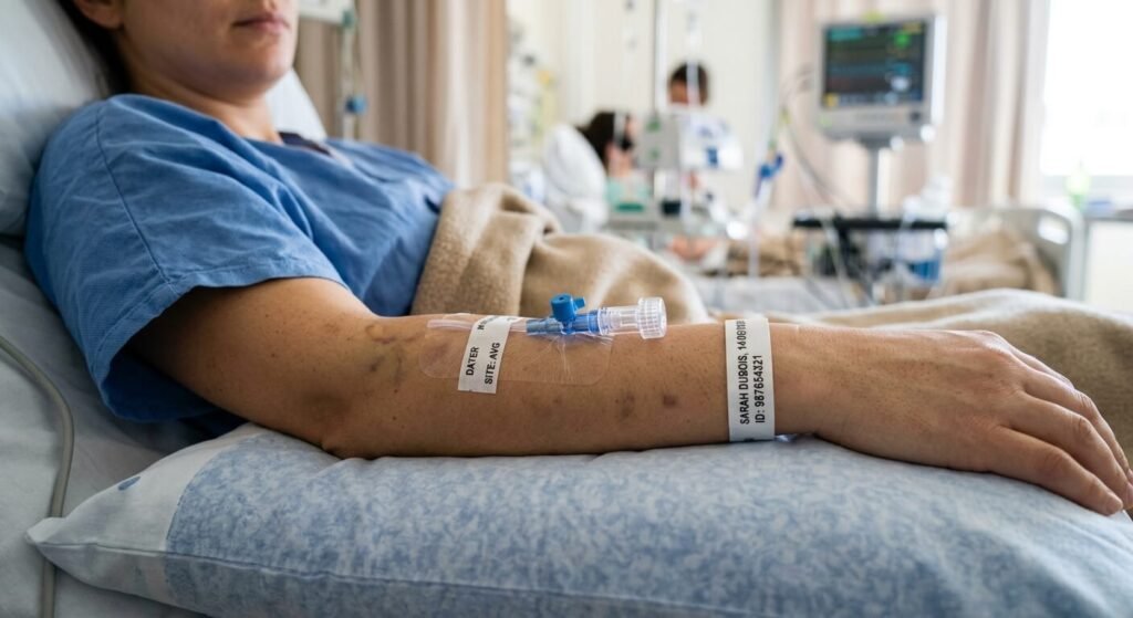 Un cathéter périphérique posé sur l'avant-bras d'un patient, fermé par un bouchon obturateur étanche.