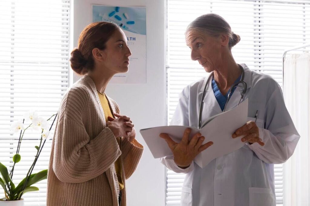 Kyste de Tarlov et travail : aménagements, droits et vie pro 3 Échange entre un salarié et un médecin du travail lors d'une visite médicale.