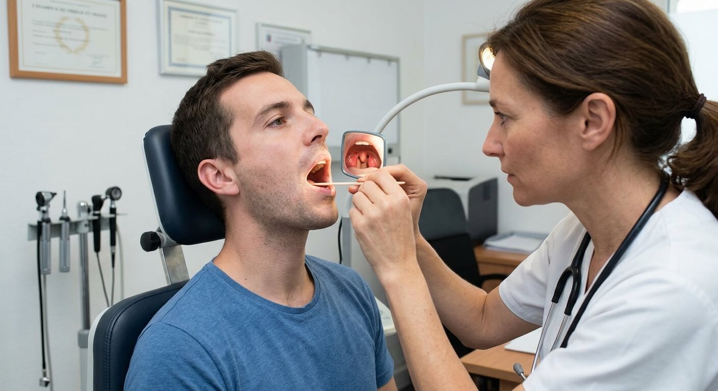 Examen de la gorge et des amygdales au miroir par un médecin ORL.
