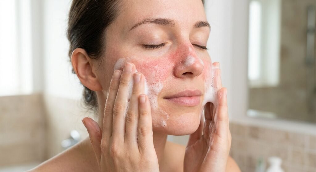 Une personne appliquant une mousse nettoyante douce sur les zones rouges de son visage.