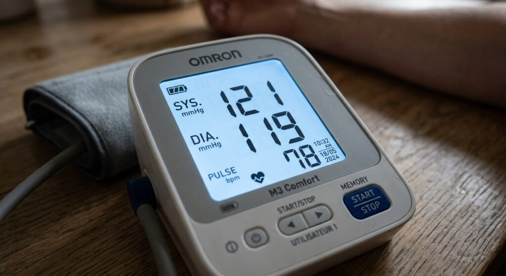 Tension pincée : définition, causes physiques et risques de santé 3 Un écran de tensiomètre électronique affichant des chiffres de pression systolique et diastolique très rapprochés.
