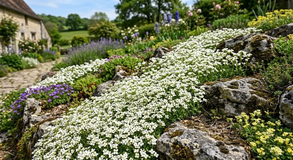L'Arabis est-il un répulsif contre les insectes ? La vérité 2 Un tapis de petites fleurs blanches d'arabis en pleine floraison dans une rocaille de jardin.