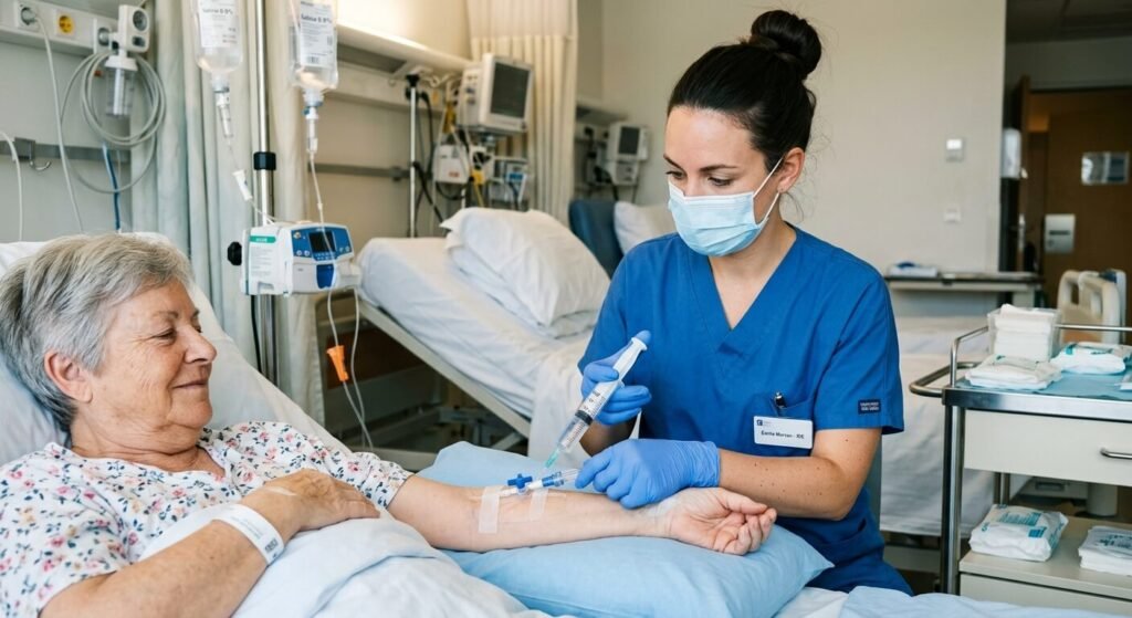 Une infirmière injectant du sérum physiologique à l'aide d'une seringue pour rincer une voie veineuse.