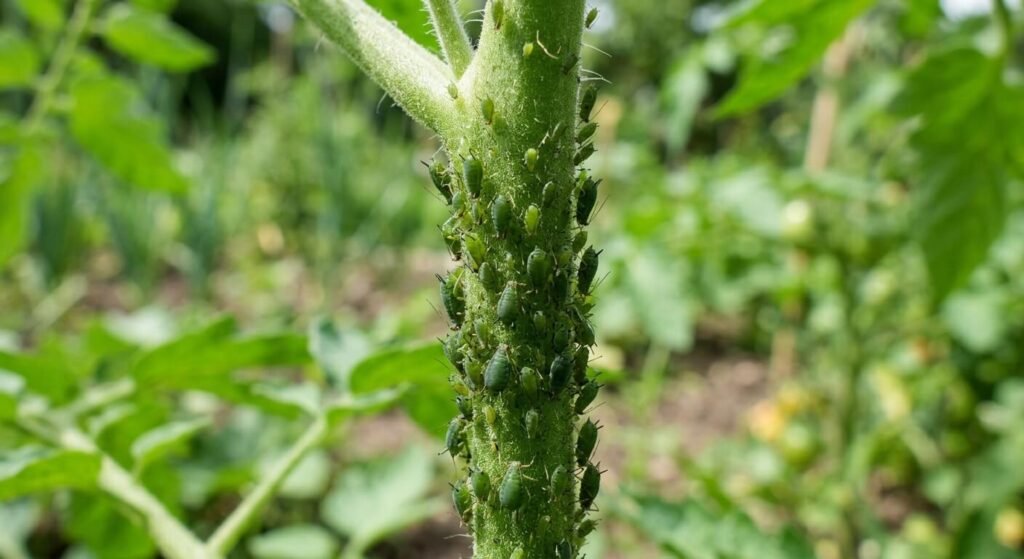 L'Arabis est-il un répulsif contre les insectes ? La vérité 3 Gros plan sur des pucerons installés sur la tige verte d'une plante de potager.