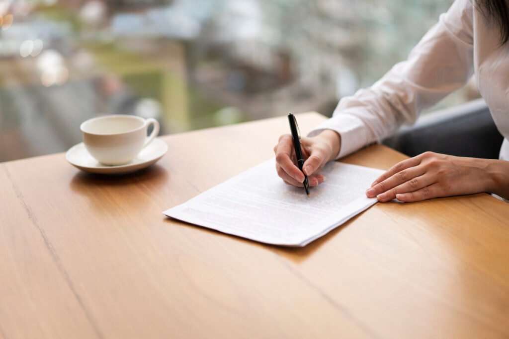 Une main écrivant une lettre de réconciliation sur un bureau en bois clair.