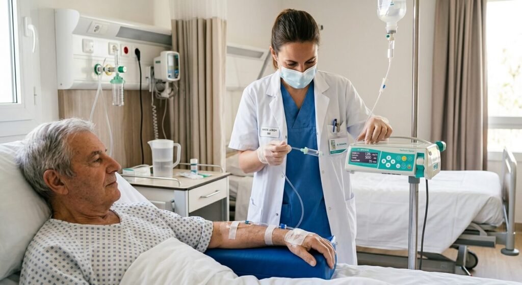 Une poche de perfusion vide présente-t-elle un danger réel ? 3 Une infirmière vérifiant les bulles d'air et le réglage d'un dispositif de perfusion au bras d'un patient.