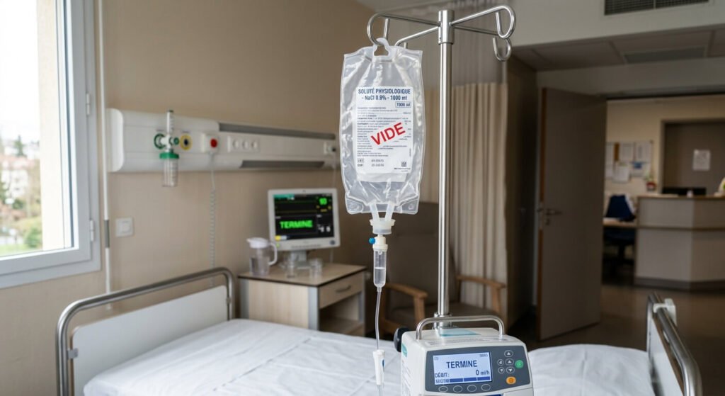 Une poche de perfusion vide présente-t-elle un danger réel ? 2 Une poche de soluté intraveineux entièrement vide suspendue à sa potence dans une chambre d'hôpital.