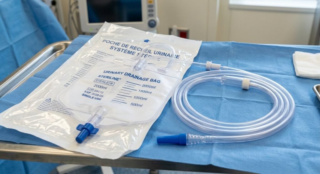 Une poche de recueil urinaire neuve et son système de tubulure stérile.