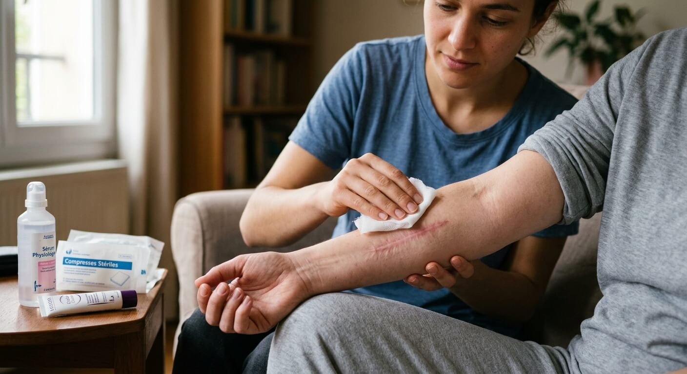 Une personne nettoyant doucement une cicatrice refermée avec une compresse.