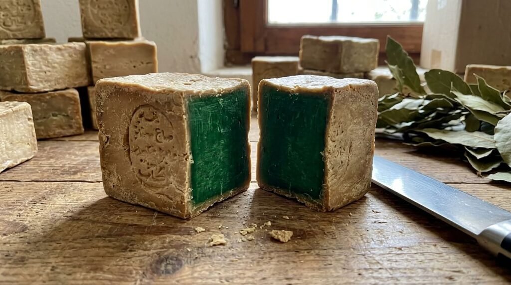 Un authentique pain de savon d'Alep coupé en deux, laissant apparaître son cœur vert olive.