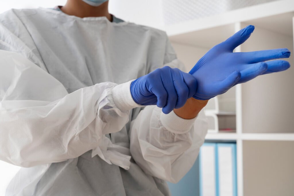 Un professionnel de santé équipé de gants stériles préparant du matériel de soin propre.