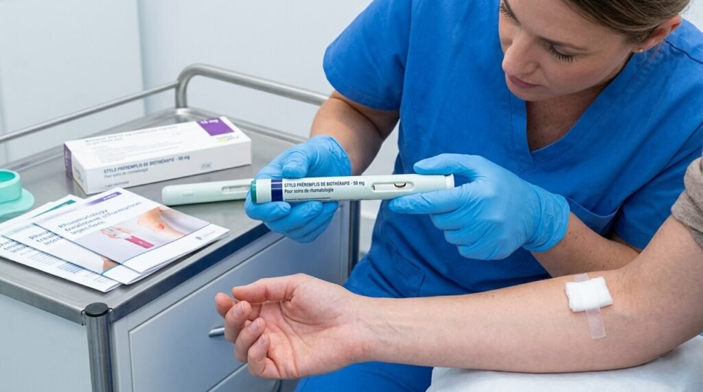 Un stylo injecteur prérempli de biothérapie utilisé pour les soins de rhumatologie.