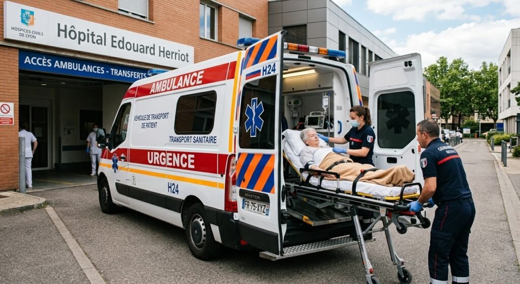 Véhicule d'ambulance préparé pour le transport d'un patient entre deux établissements de santé.