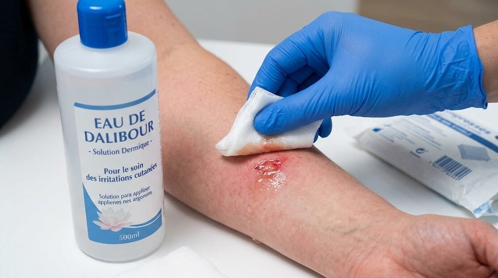 Eau de Dalibour : avis, utilisations cutanées et posologie 3 Application locale d'une compresse imbibée de lotion Dalibour sur une lésion suintante.