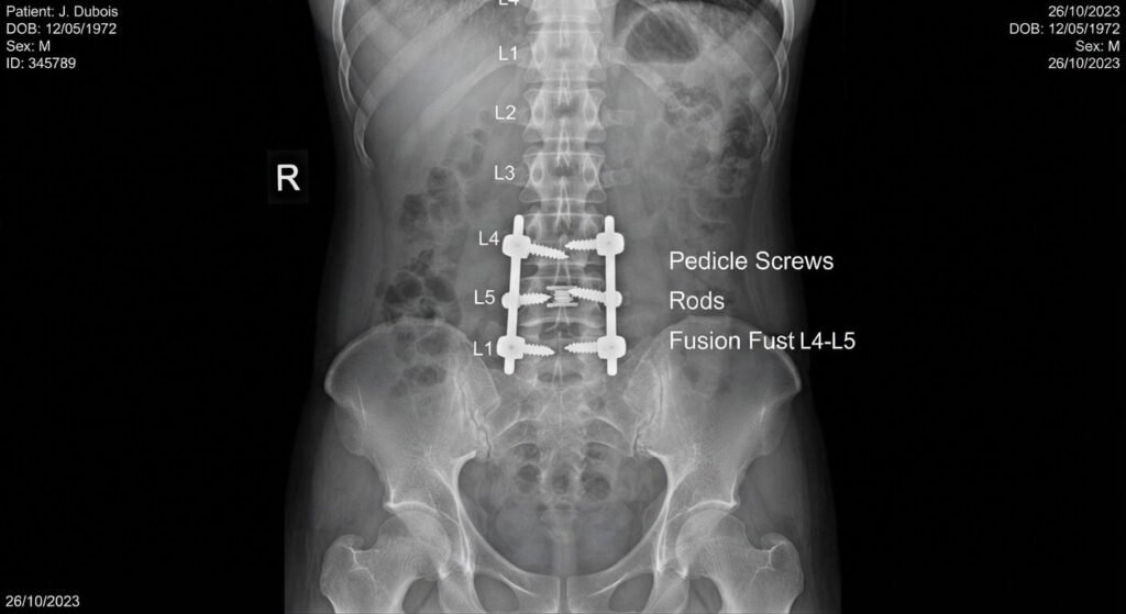 Douleurs 2 ans après arthrodèse lombaire : les causes à envisager 2 Radiographie du rachis lombaire montrant les vis et tiges métalliques d'une arthrodèse L4-L5.