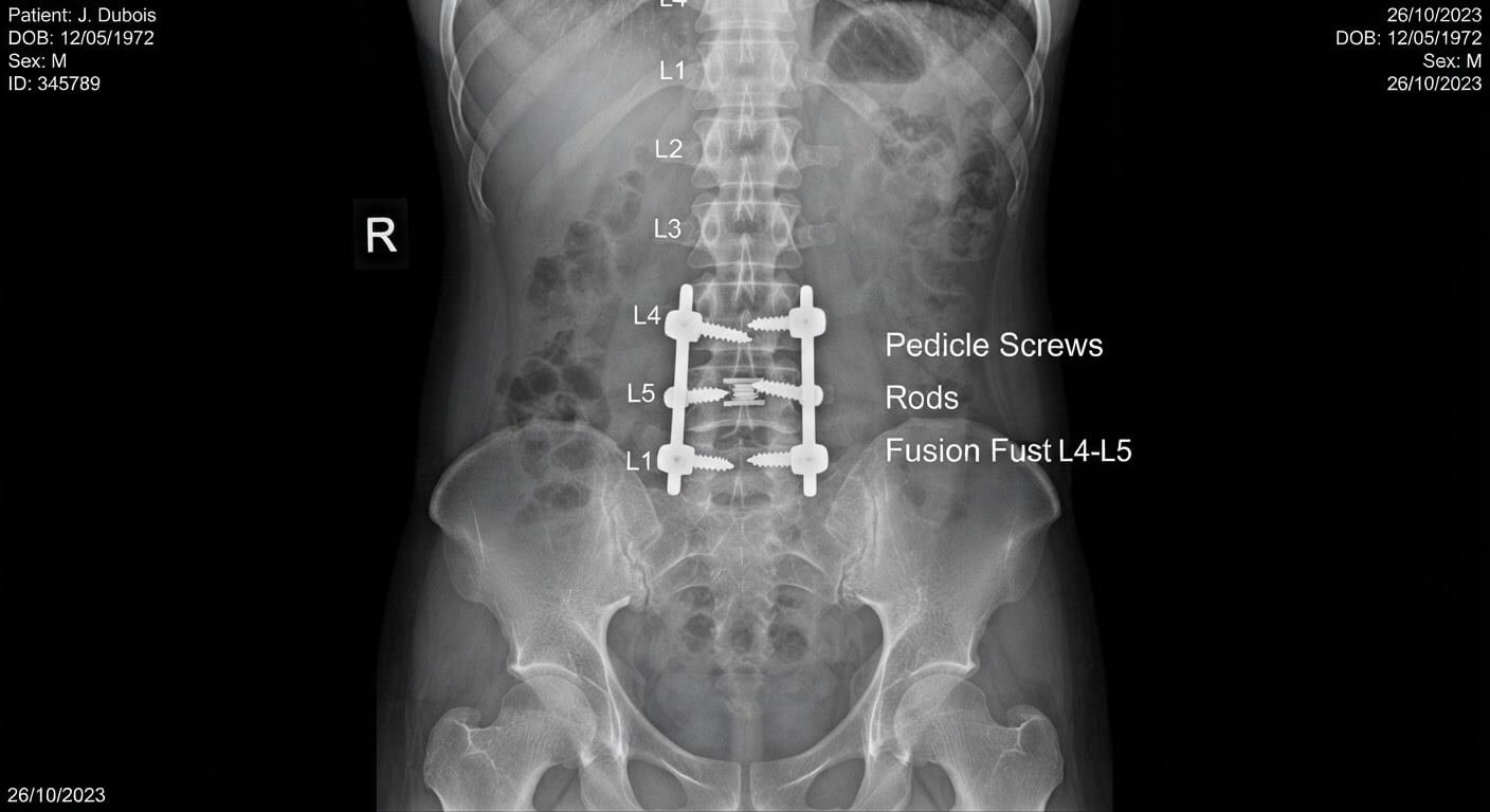 Radiographie du rachis lombaire montrant les vis et tiges métalliques d'une arthrodèse L4-L5.