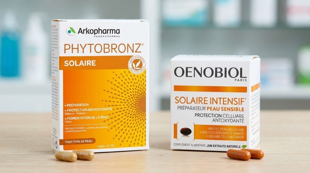 Boîtes de gélules solaires Phytobronz Arkopharma et Oenobiol Solaire Intensif présentées côte à côte.