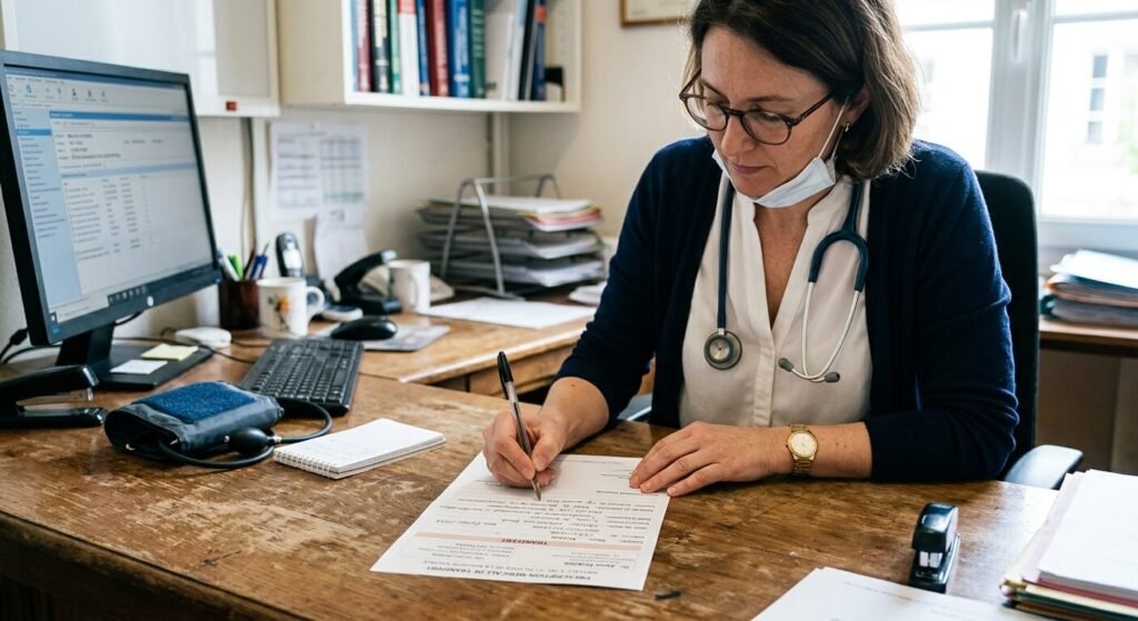 Prescription médicale de transport rédigée par un médecin pour un transfert.