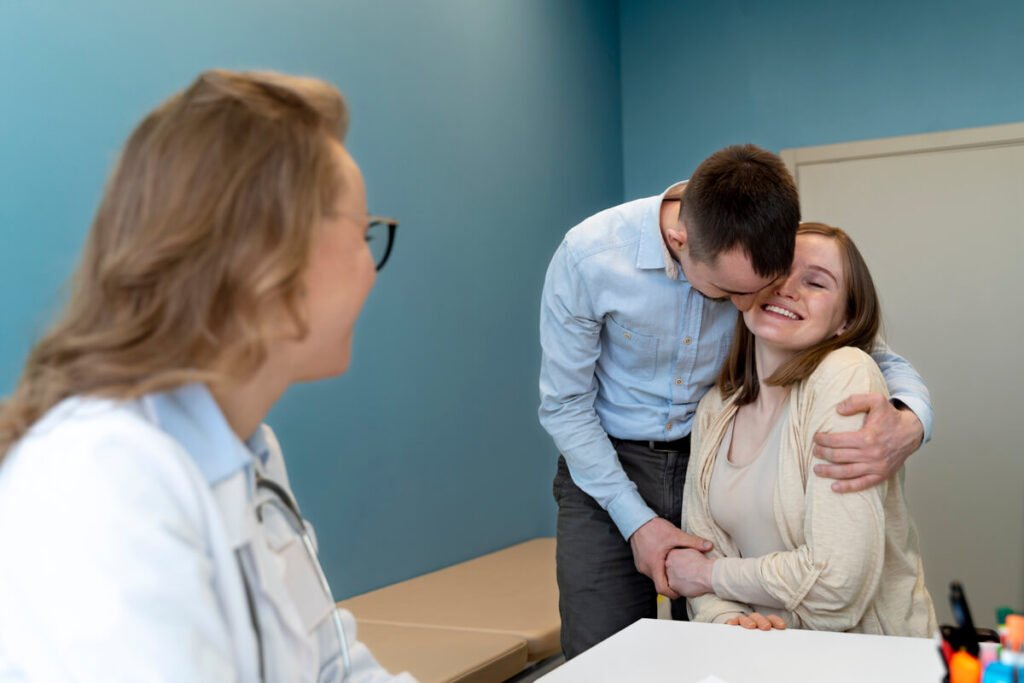Couple en rendez-vous médical dans un centre de procréation médicalement assistée.