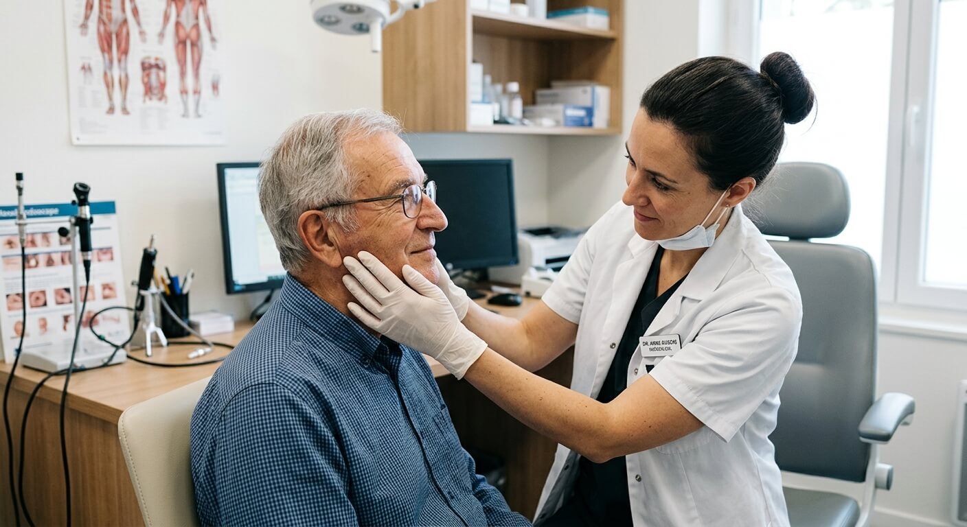 Un médecin ORL effectuant un examen de la glande parotide d'un patient.