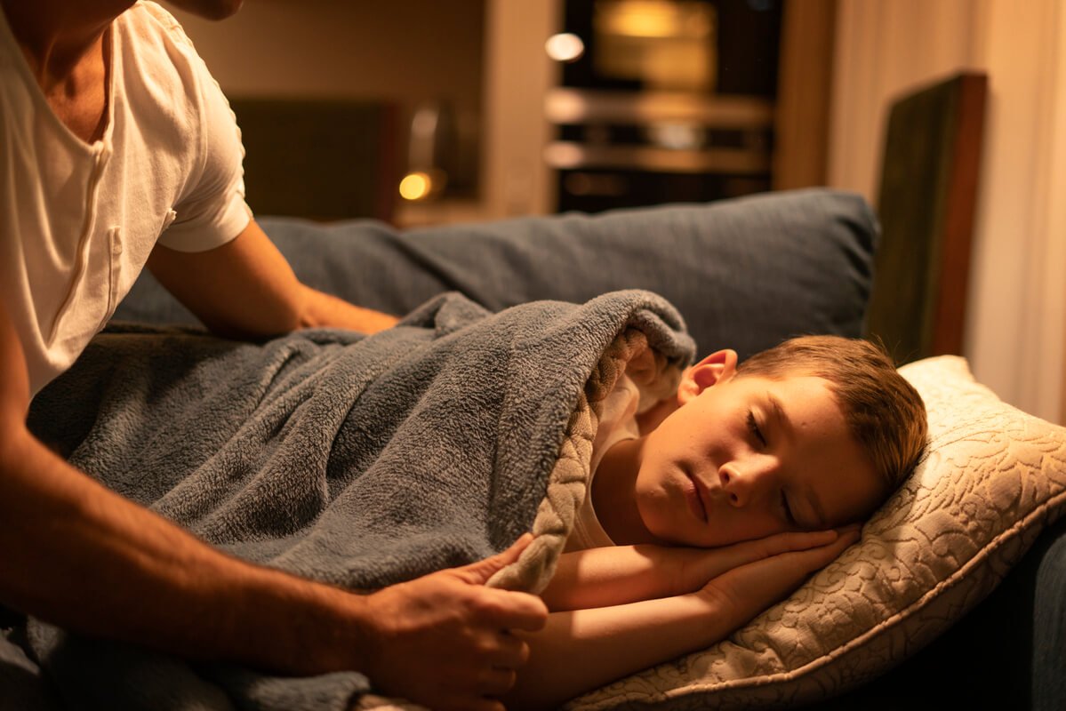 Enfant endormi dans son lit avec des draps mouillés suite à un épisode d'énurésie nocturne.