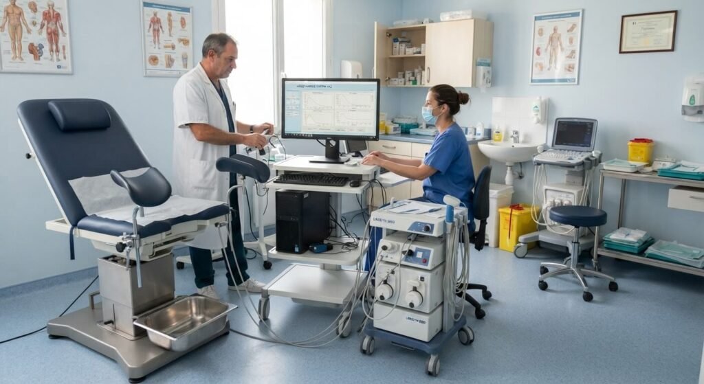 Bilan urodynamique chez la femme : avis, déroulement, douleur et résultats 2 Cabinet d'urologie équipé d'une chaise d'examen et d'un ordinateur d'analyse urodynamique.