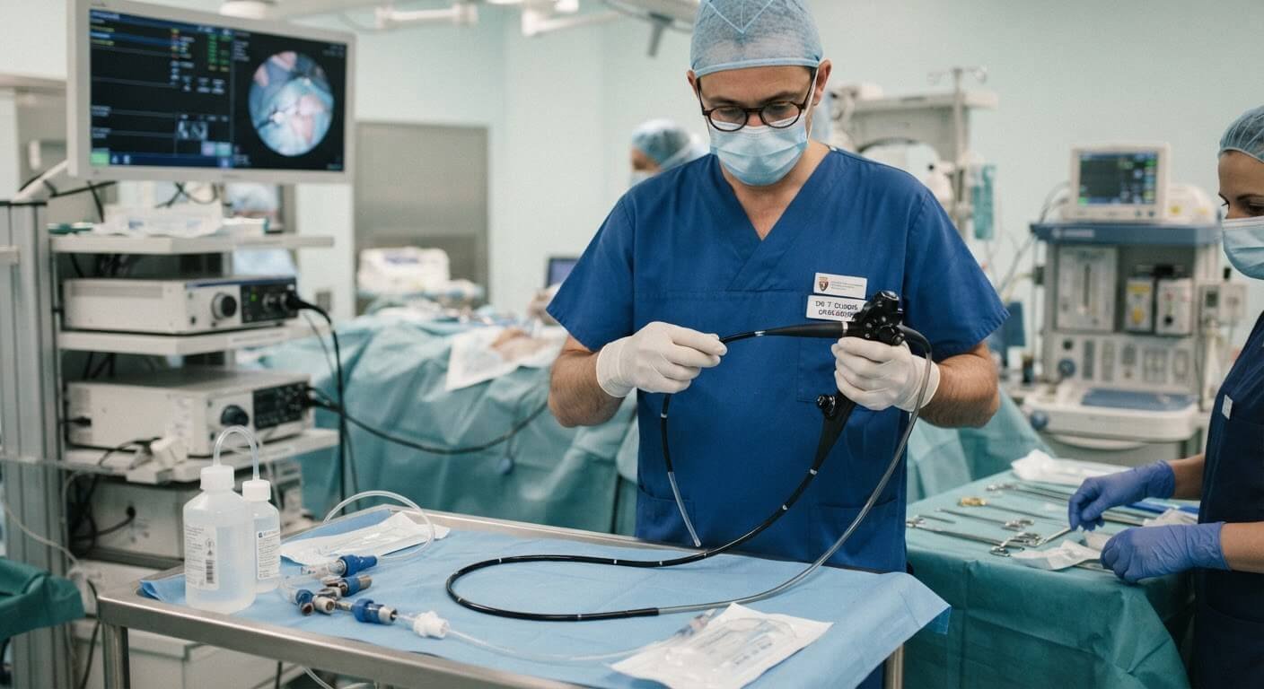 Urologue préparant un fibroscope souple pour une exploration endoscopique de la vessie.