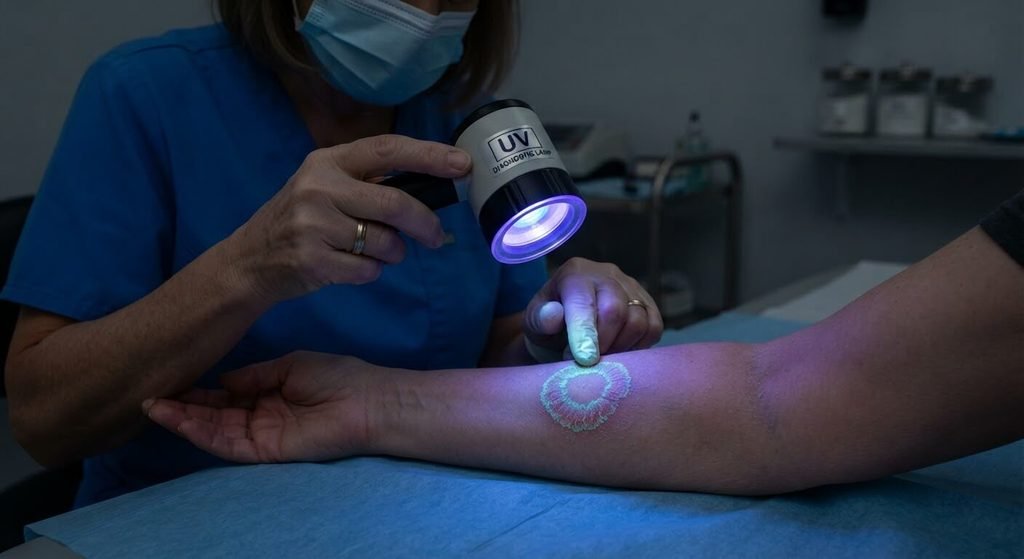 Dermatologue examinant une plaque de teigne sous lampe de Wood à lumière ultraviolette.
