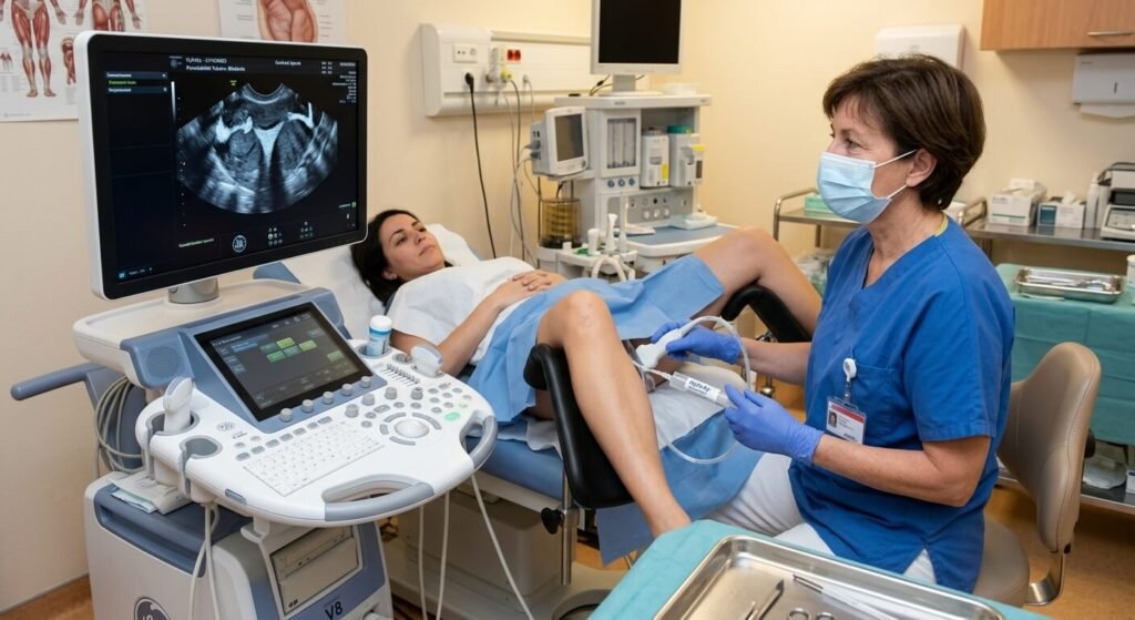 Médecin gynécologue réalisant une échographie HyFoSy avec mousse de contraste pour tester la perméabilité des trompes.
