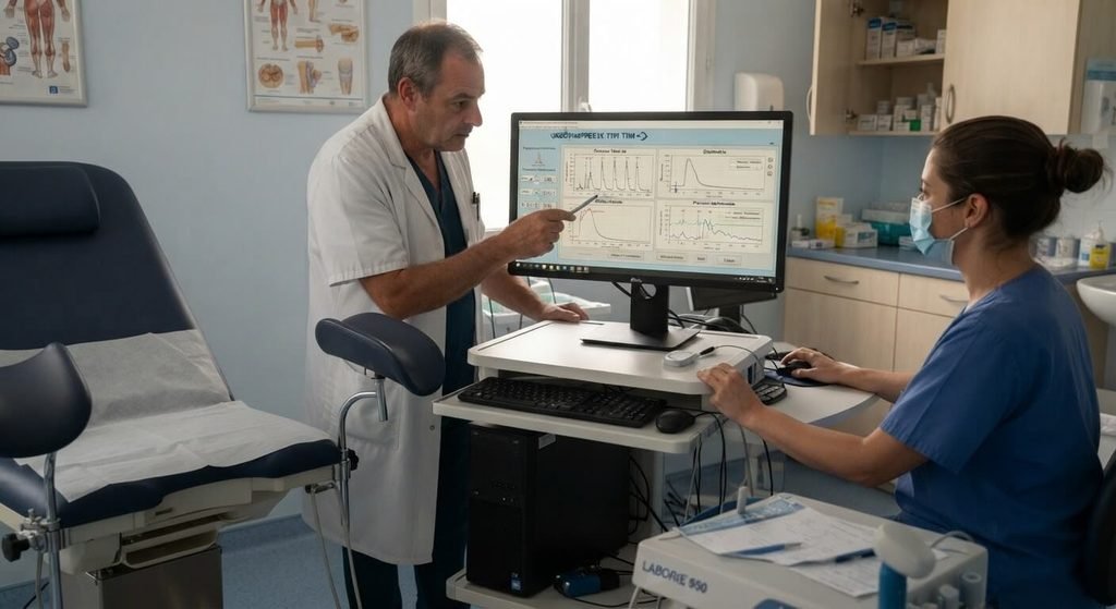 Bilan urodynamique chez la femme : avis, déroulement, douleur et résultats 3 Urologue analysant les courbes de pression vésicale et de débitmétrie d'un bilan urodynamique.