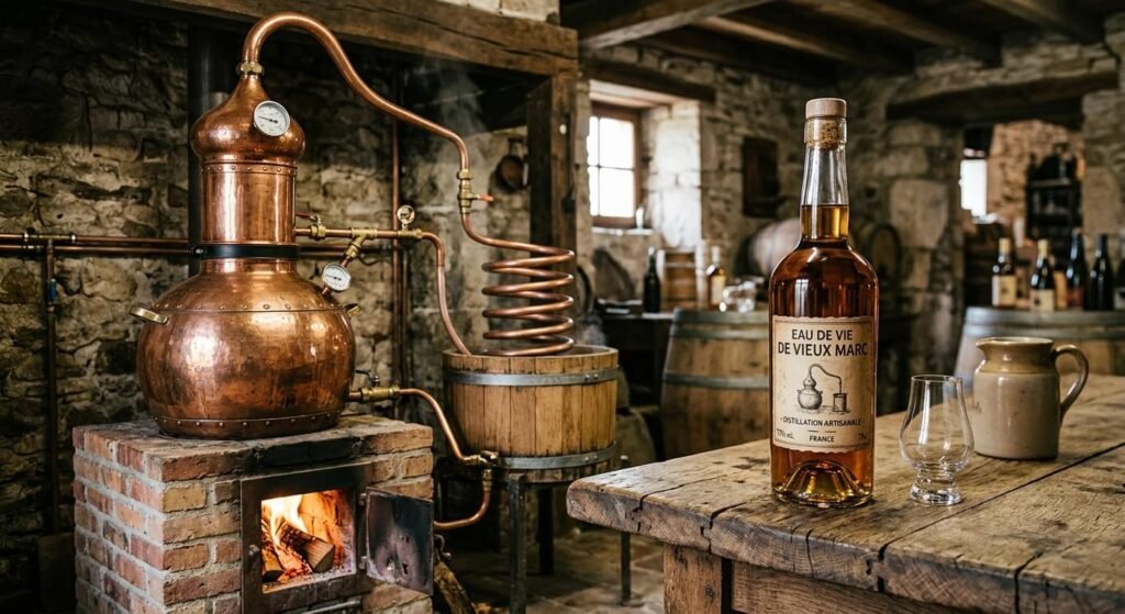 Eau-de-vie à 90 degrés : réglementation, risques et utilisations 2 Flacon d'alcool à haut degré à côté d'un alambic en cuivre traditionnel.