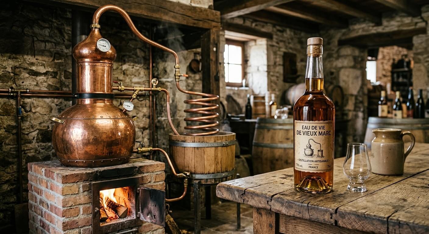 Flacon d'alcool à haut degré à côté d'un alambic en cuivre traditionnel.