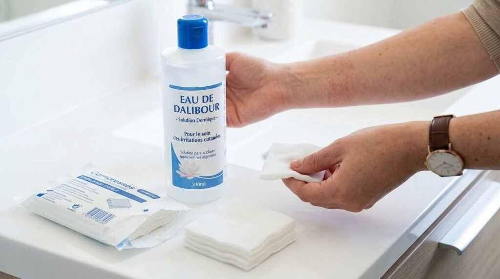 Eau de Dalibour : avis, utilisations cutanées et posologie 2 Flacon d'eau de Dalibour et compresses pour le soin des irritations cutanées.