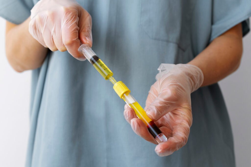 Médecin réalisant une injection de plasma riche en plaquettes dans une articulation du genou.